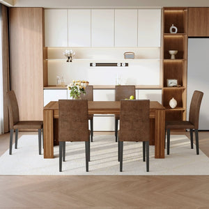 English Elm Table and Chair Set Walnut Grain Rectangular Dining with Six Fabric Upholstered Seats W1151S04796