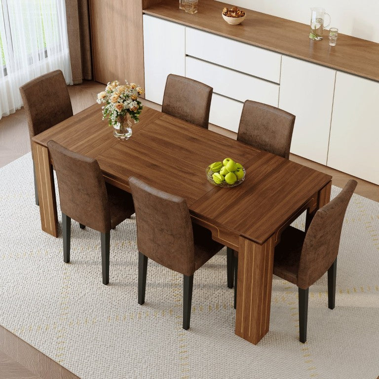 English Elm Table and Chair Set Walnut Grain Rectangular Dining with Six Fabric Upholstered Seats W1151S04796