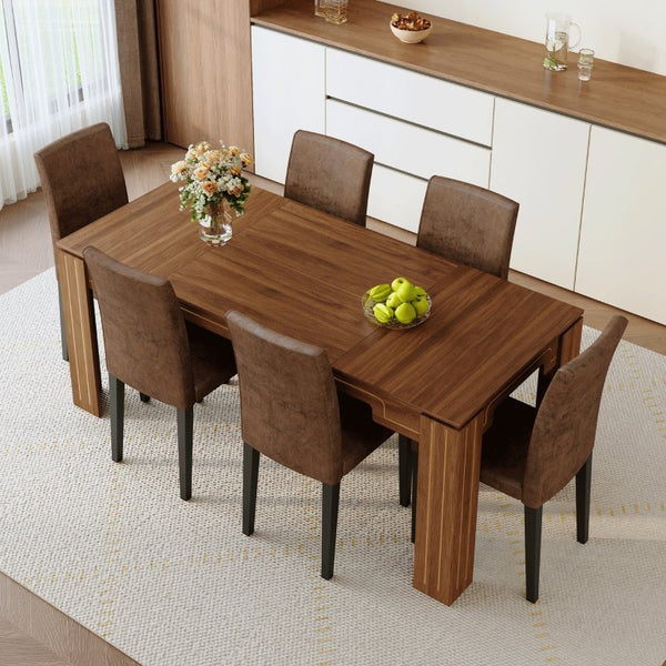 English Elm Table and Chair Set Walnut Grain Rectangular Dining with Six Fabric Upholstered Seats W1151S04796