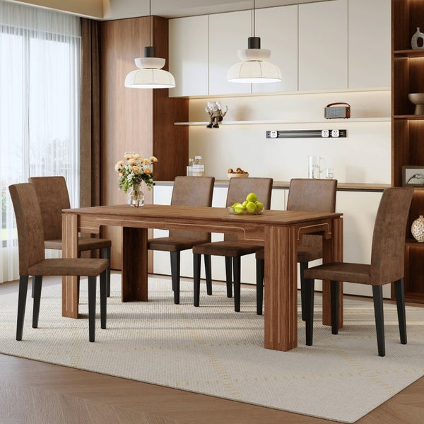 English Elm Table and Chair Set Walnut Grain Rectangular Dining with Six Fabric Upholstered Seats W1151S04796
