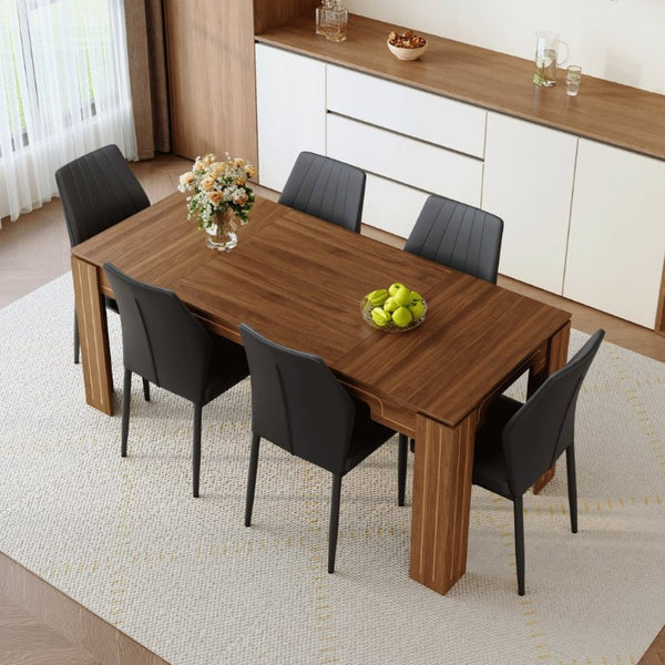 English Elm Table and Chair Set Walnut Grain MDF Top with Six Shell Back PU Leather Dining Seats W1151S04798