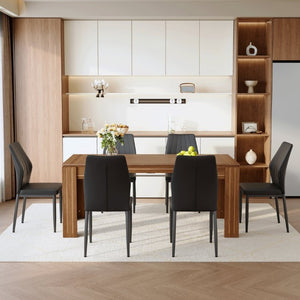 English Elm Table and Chair Set Walnut Grain MDF Top with Six Shell Back PU Leather Dining Seats W1151S04798