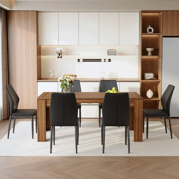 English Elm Table and Chair Set Walnut Grain MDF Top with Six Shell Back PU Leather Dining Seats W1151S04798