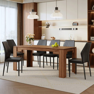 English Elm Table and Chair Set Walnut Grain MDF Top with Six Shell Back PU Leather Dining Seats W1151S04798