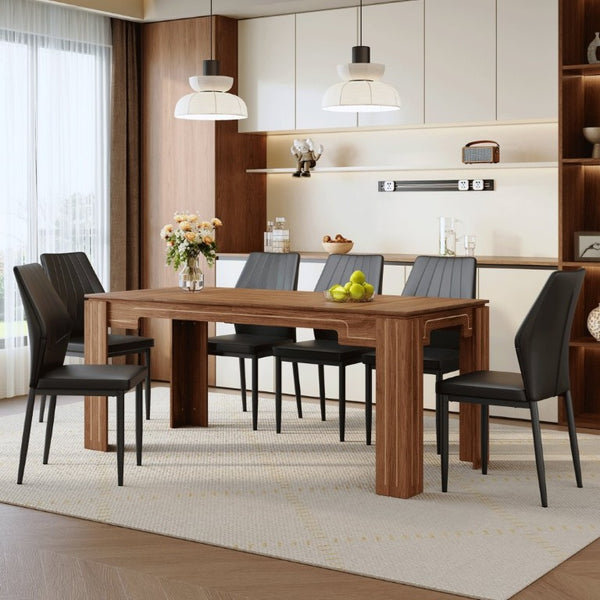 English Elm Table and Chair Set Walnut Grain MDF Top with Six Shell Back PU Leather Dining Seats W1151S04798