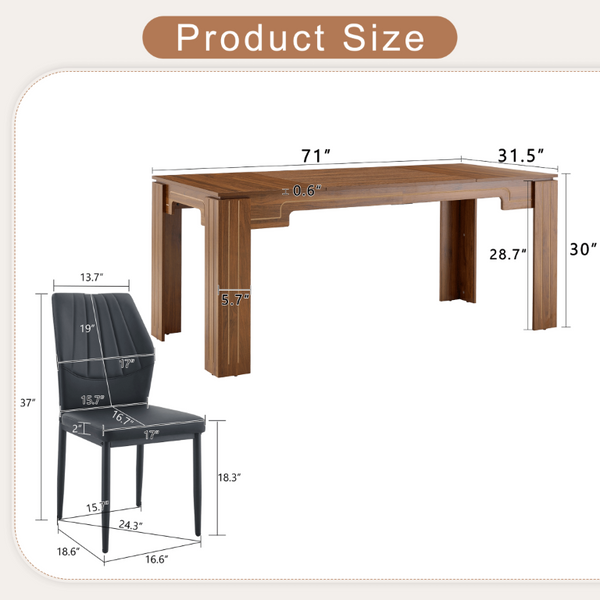 English Elm Table and Chair Set Walnut Grain MDF Top with Six Shell Back PU Leather Dining Seats W1151S04798