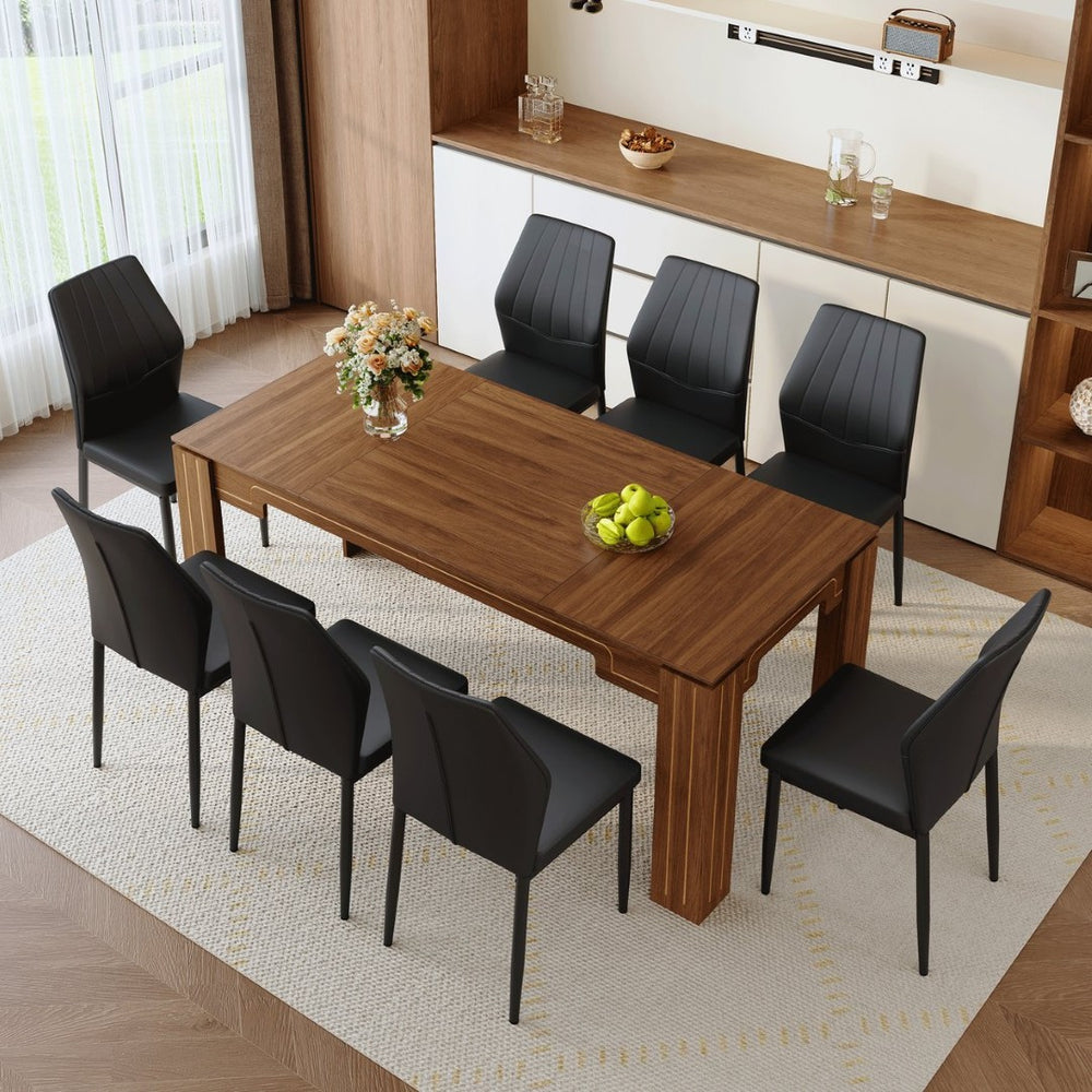 English Elm Table and Chair Set Walnut Grain Dining for Eight with Shell Back Pu Leather Seats W1151S04799