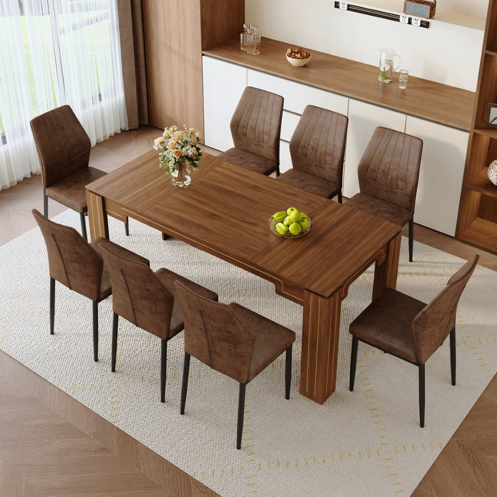 English Elm Table and Chair Set Walnut Grain Dining with 8 Shell Back Brown Fabric Seats W1151S04801