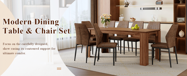 English Elm Table and Chair Set Walnut Grain Dining with 8 Shell Back Brown Fabric Seats W1151S04801