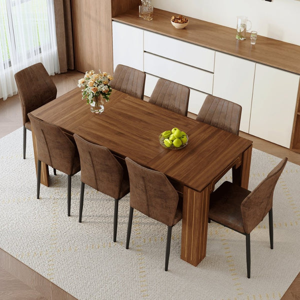 English Elm Table and Chair Set Walnut Grain Dining with 8 Shell Back Brown Fabric Seats W1151S04801