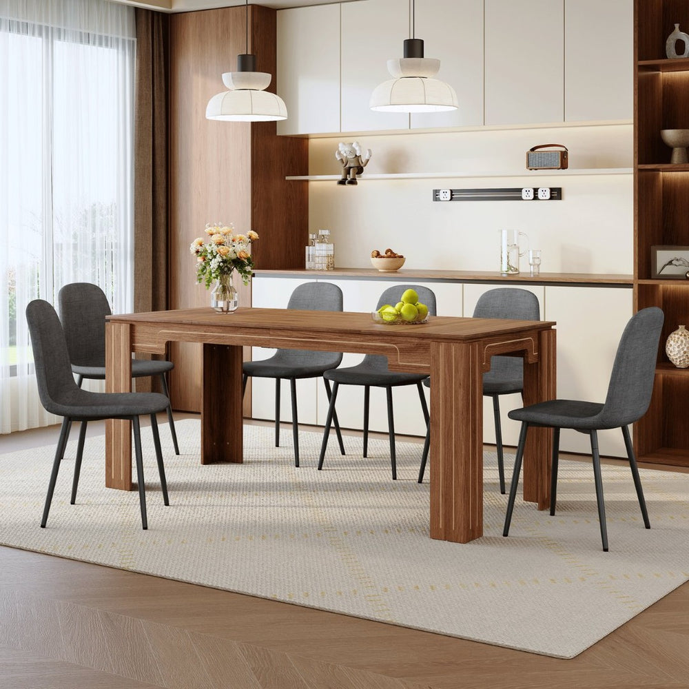 English Elm Table and Chair Set Walnut Grain Mdf Top with Six Linen Upholstered Dining Seats W1151S04802