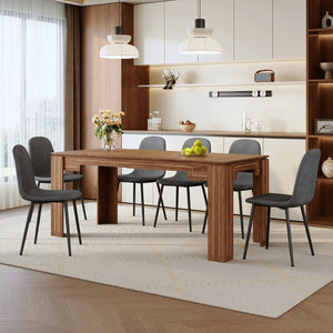 English Elm Table and Chair Set Walnut Grain Mdf Top with Six Linen Upholstered Dining Seats W1151S04802