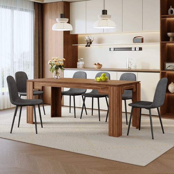 English Elm Table and Chair Set Walnut Grain Mdf Top with Six Linen Upholstered Dining Seats W1151S04802