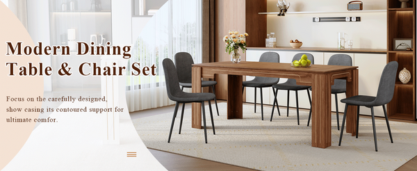 English Elm Table and Chair Set Walnut Grain Mdf Top with Six Linen Upholstered Dining Seats W1151S04802