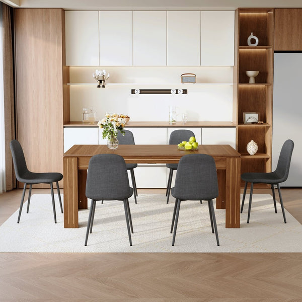 English Elm Table and Chair Set Walnut Grain Mdf Top with Six Linen Upholstered Dining Seats W1151S04802