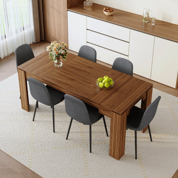English Elm Table and Chair Set Walnut Grain Mdf Top with Six Linen Upholstered Dining Seats W1151S04802