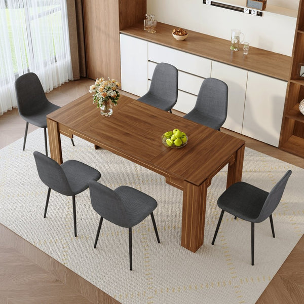 English Elm Table and Chair Set Walnut Grain Mdf Top with Six Linen Upholstered Dining Seats W1151S04802