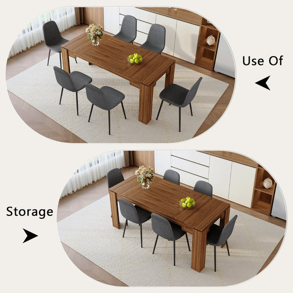 English Elm Table and Chair Set Walnut Grain Mdf Top with Six Linen Upholstered Dining Seats W1151S04802