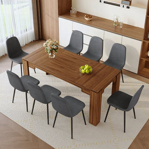English Elm Table and Chair Set 9 Piece Walnut Grain Dining with Dark Gray Linen Upholstered Seats W1151S04803