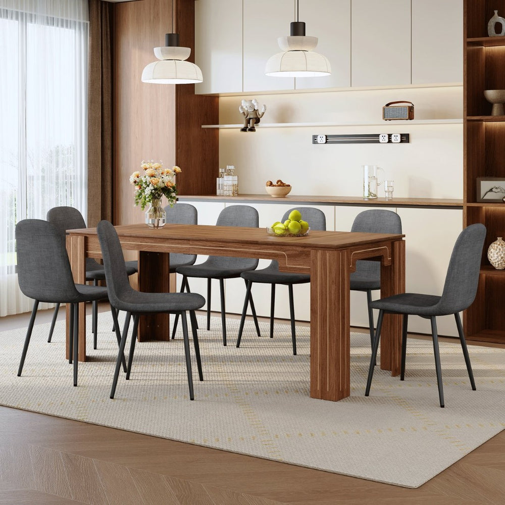 English Elm Table and Chair Set 9 Piece Walnut Grain Dining with Dark Gray Linen Upholstered Seats W1151S04803
