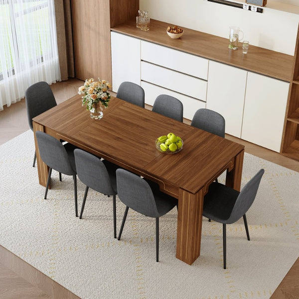 English Elm Table and Chair Set 9 Piece Walnut Grain Dining with Dark Gray Linen Upholstered Seats W1151S04803