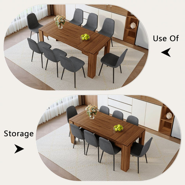 English Elm Table and Chair Set 9 Piece Walnut Grain Dining with Dark Gray Linen Upholstered Seats W1151S04803