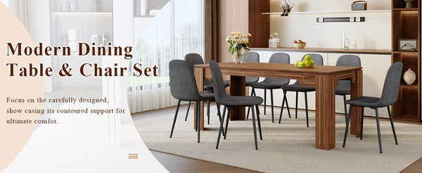 English Elm Table and Chair Set 9 Piece Walnut Grain Dining with Dark Gray Linen Upholstered Seats W1151S04803