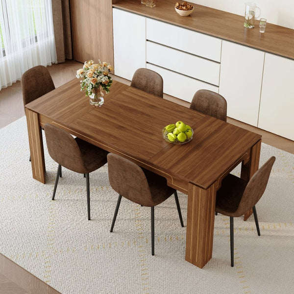 English Elm Table and Chair Set Walnut Grain Mdf Dining with Six Upholstered Fabric Seats W1151S04804
