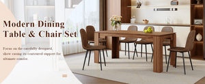English Elm Table and Chair Set Walnut Grain Mdf Dining with Six Upholstered Fabric Seats W1151S04804