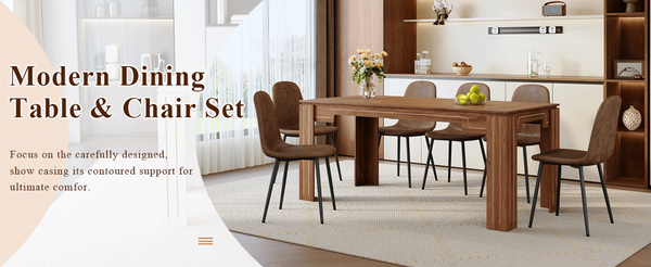 English Elm Table and Chair Set Walnut Grain Mdf Dining with Six Upholstered Fabric Seats W1151S04804