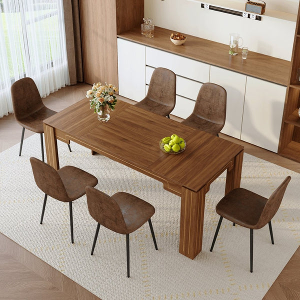 English Elm Table and Chair Set Walnut Grain Mdf Dining with Six Upholstered Fabric Seats W1151S04804
