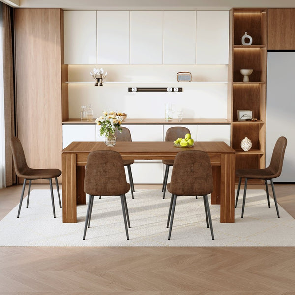 English Elm Table and Chair Set Walnut Grain Mdf Dining with Six Upholstered Fabric Seats W1151S04804