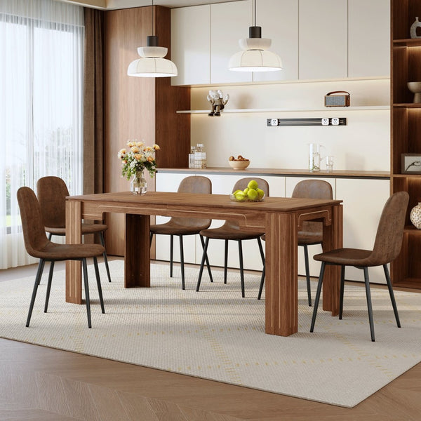 English Elm Table and Chair Set Walnut Grain Mdf Dining with Six Upholstered Fabric Seats W1151S04804