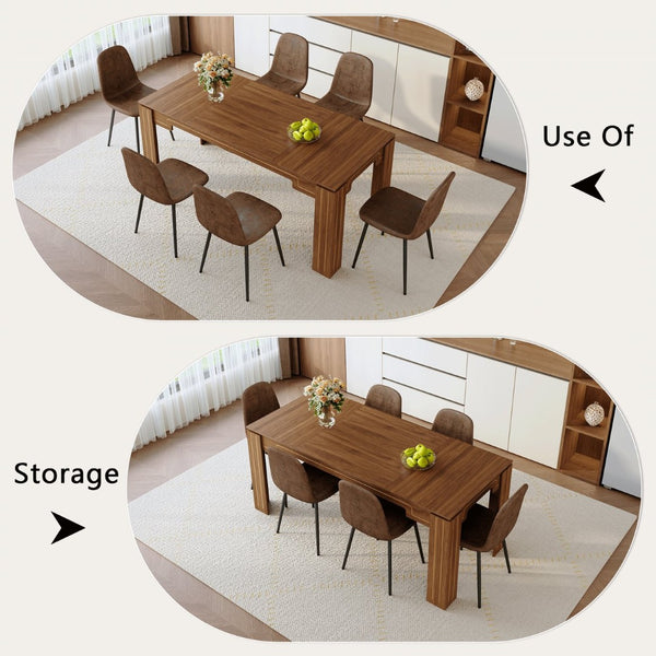 English Elm Table and Chair Set Walnut Grain Mdf Dining with Six Upholstered Fabric Seats W1151S04804