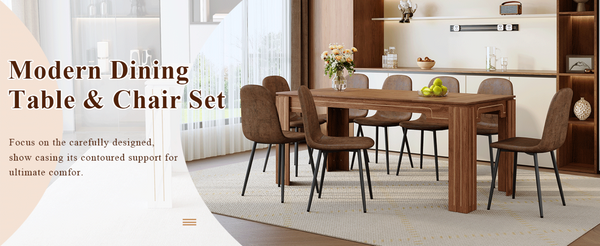 English Elm Table and Chair Set Walnut Mdf Top with 8 Fabric Seats Modern Luxury Dining W1151S04805