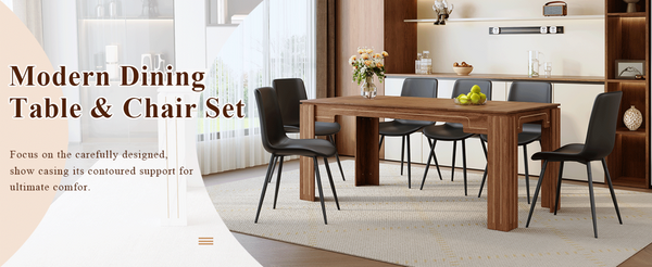 English Elm Table and Chair Set Walnut Grain Top Six Pu Leather Seats Modern Dining Room W1151S04806