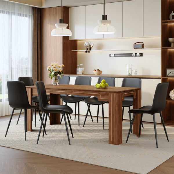 English Elm Table and Chair Set Walnut Grain Top with 8 Black Pu Seats for Modern Dining W1151S04807