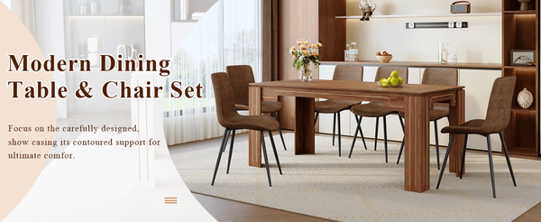 English Elm Table and Chair Set Walnut Grain Dining for Six with Techno Fabric Upholstered Seats W1151S04808