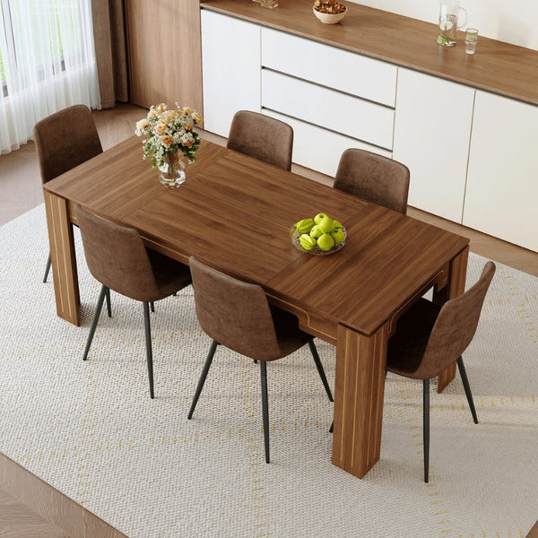 English Elm Table and Chair Set Walnut Grain Dining for Six with Techno Fabric Upholstered Seats W1151S04808