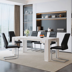 English Elm Table and Chair Set Marble Patterned Mdf Top with Six Pu Leather Seats for Dining Black W1151S04818