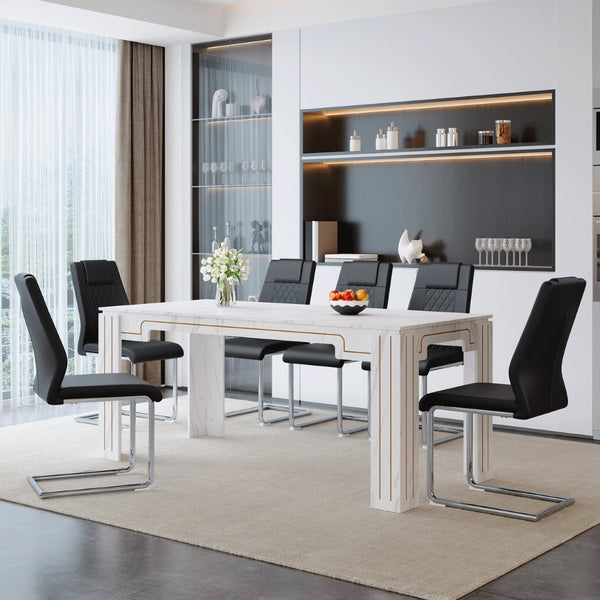 English Elm Table and Chair Set Marble Patterned Mdf Top with Six Pu Leather Seats for Dining Black W1151S04818
