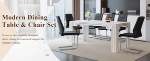 English Elm Table and Chair Set Marble Patterned Mdf Top with Six Pu Leather Seats for Dining Black W1151S04818