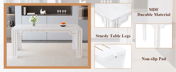 English Elm Table and Chair Set Marble Patterned Mdf Top with Six Pu Leather Seats for Dining Black W1151S04818