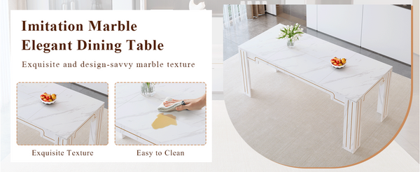 English Elm Table and Chair Set Marble Patterned Mdf Top with Six Pu Leather Seats for Dining Black W1151S04818