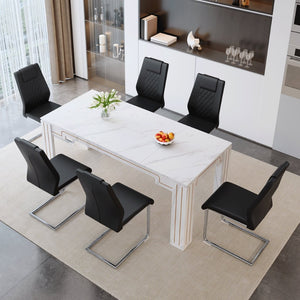 English Elm Table and Chair Set Marble Patterned Mdf Top with Six Pu Leather Seats for Dining Black W1151S04818