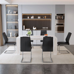 English Elm Table and Chair Set Marble Patterned Mdf Top with Six Pu Leather Seats for Dining Black W1151S04818