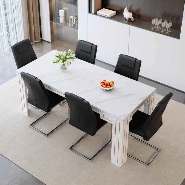 English Elm Table and Chair Set Marble Patterned Mdf Top with Six Pu Leather Seats for Dining Black W1151S04818