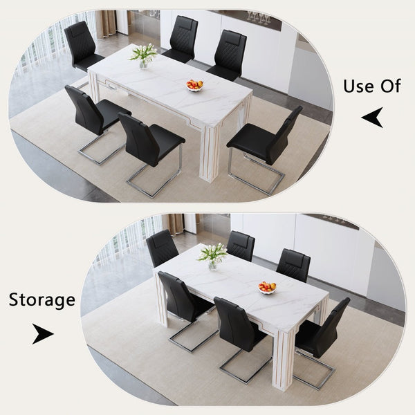 English Elm Table and Chair Set Marble Patterned Mdf Top with Six Pu Leather Seats for Dining Black W1151S04818