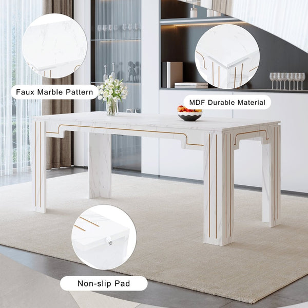 English Elm Table and Chair Set Marble Patterned Mdf Top with Six Pu Leather Seats for Dining Black W1151S04818