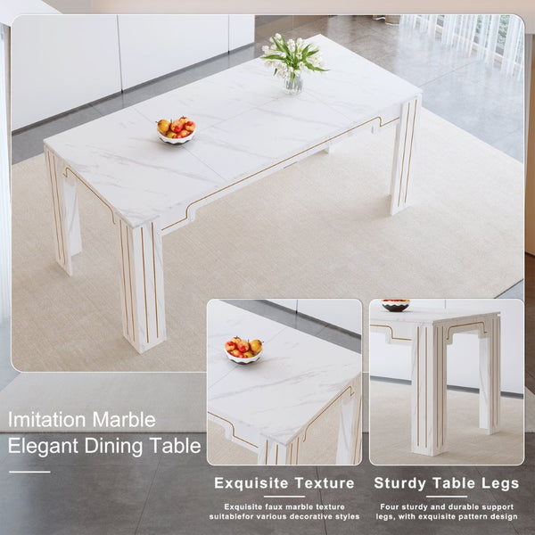English Elm Table and Chair Set Marble Patterned Mdf Top with Six Pu Leather Seats for Dining Black W1151S04818